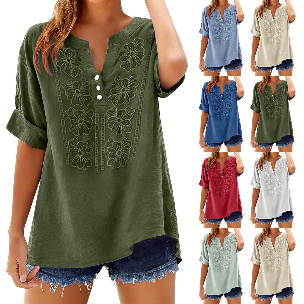 Women's Fashionable Casual Loose-Fit Embroidered Button-Up V-Neck T-Shirt Top
