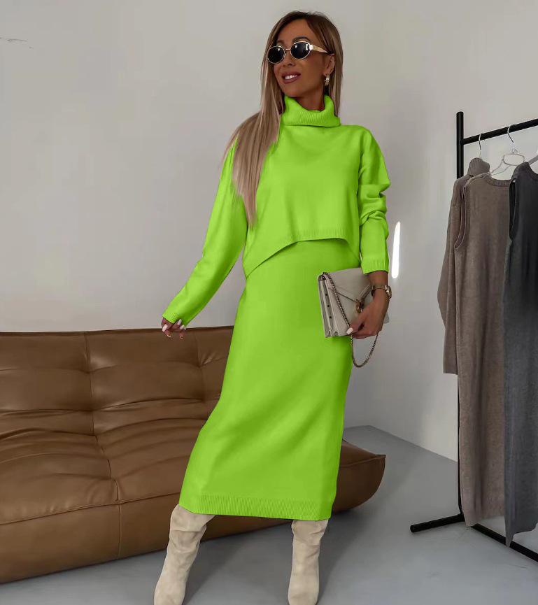 2024 Women's Solid Color Semi-High Neck Knitted Slim-Fit Long Dress Set