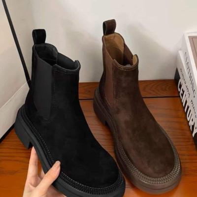 European Station 2025 Autumn and Winter New Matte Soft Leather Round Head Versatile Chelsea Cigarette Boots Thick-soled Martin Short Boots Women