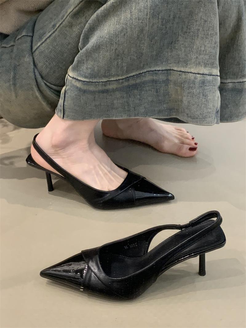

Французские нишевые зеленые туфли на высоком каблуке 2025 новые темпераментные элегантные с острым носком с мелким вырезом на тонком каблуке пустые сандалии женская обувь 35 чёрный