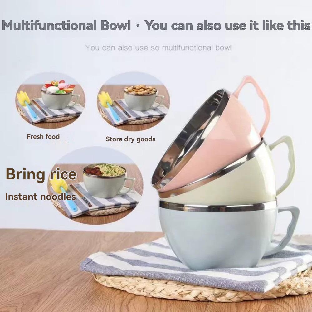 Stainless Steel Bowl with Handle Solid Color Anti Scalding Instant Noodles Mixing Bowl Kitchen Tableware Food Accessory