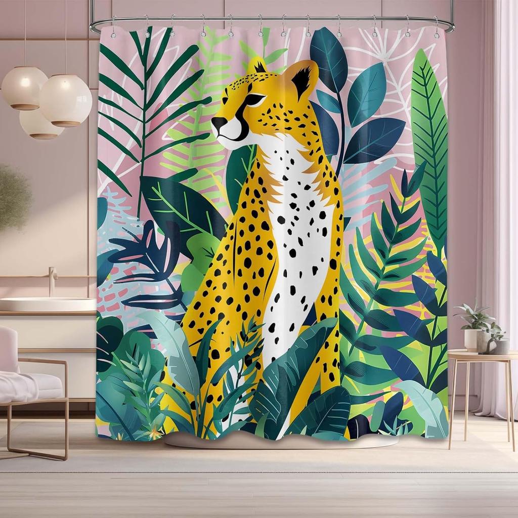 Tropical Jungle Leopard Cheetah Shower Curtain, Wild Animal Palm Leaf Waterproof Bathroom Decor Fabric Curtain With Hooks