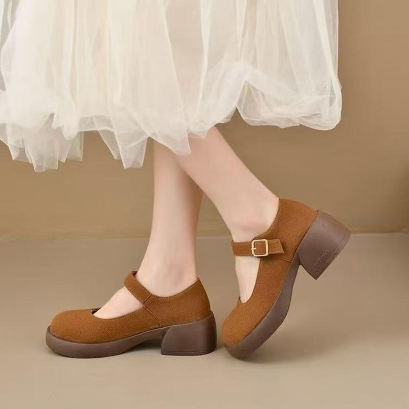 Retro Chunky Heel Women's Soft-soled Anti-slip Thick Sole Breathable Round-toe Versatile Shoes