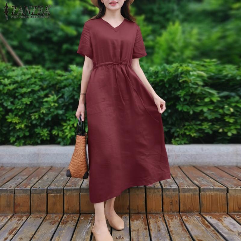 

ZANZEA Лето Повседневный V-образный вырез с коротким рукавом Свободное женское платье