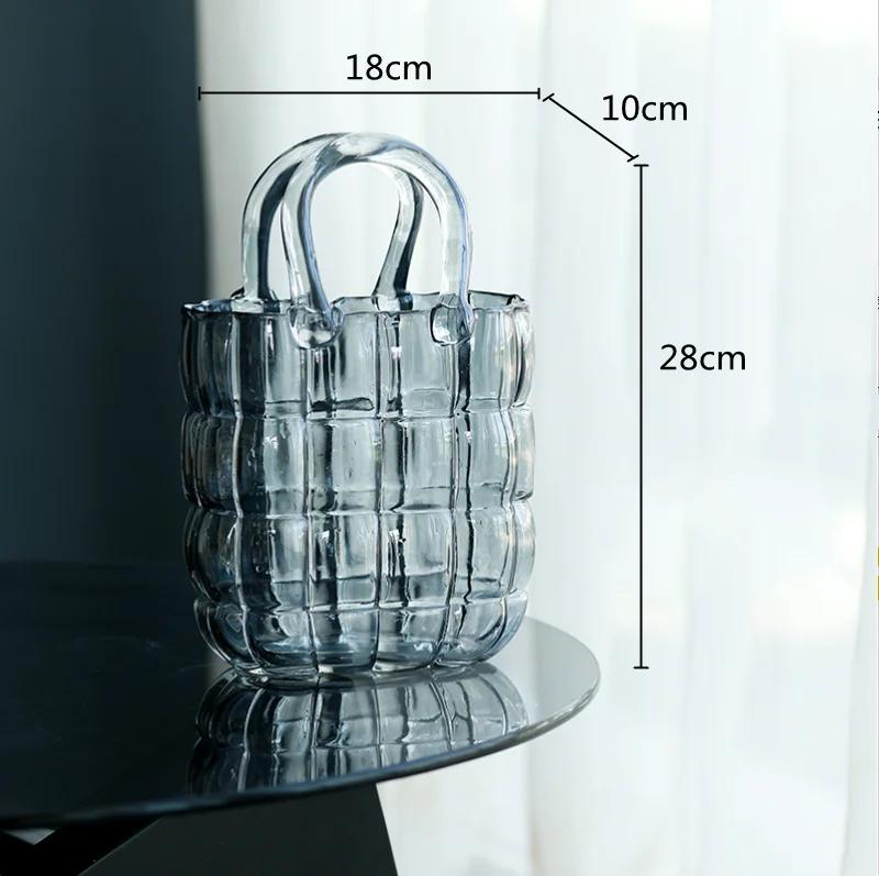 Clear Glass Vase Bag Handbag Basket Transparent Terrarium Flower Vase Floral Arrangement Accessories Living Room Decoration