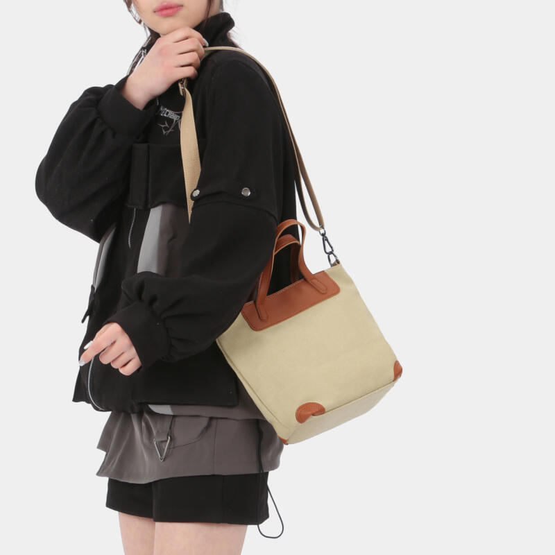 Canvas Tote Bag with Leather Trim and Adjustable Shoulder Strap Stylish Women's Handbag for Daily Use and Work