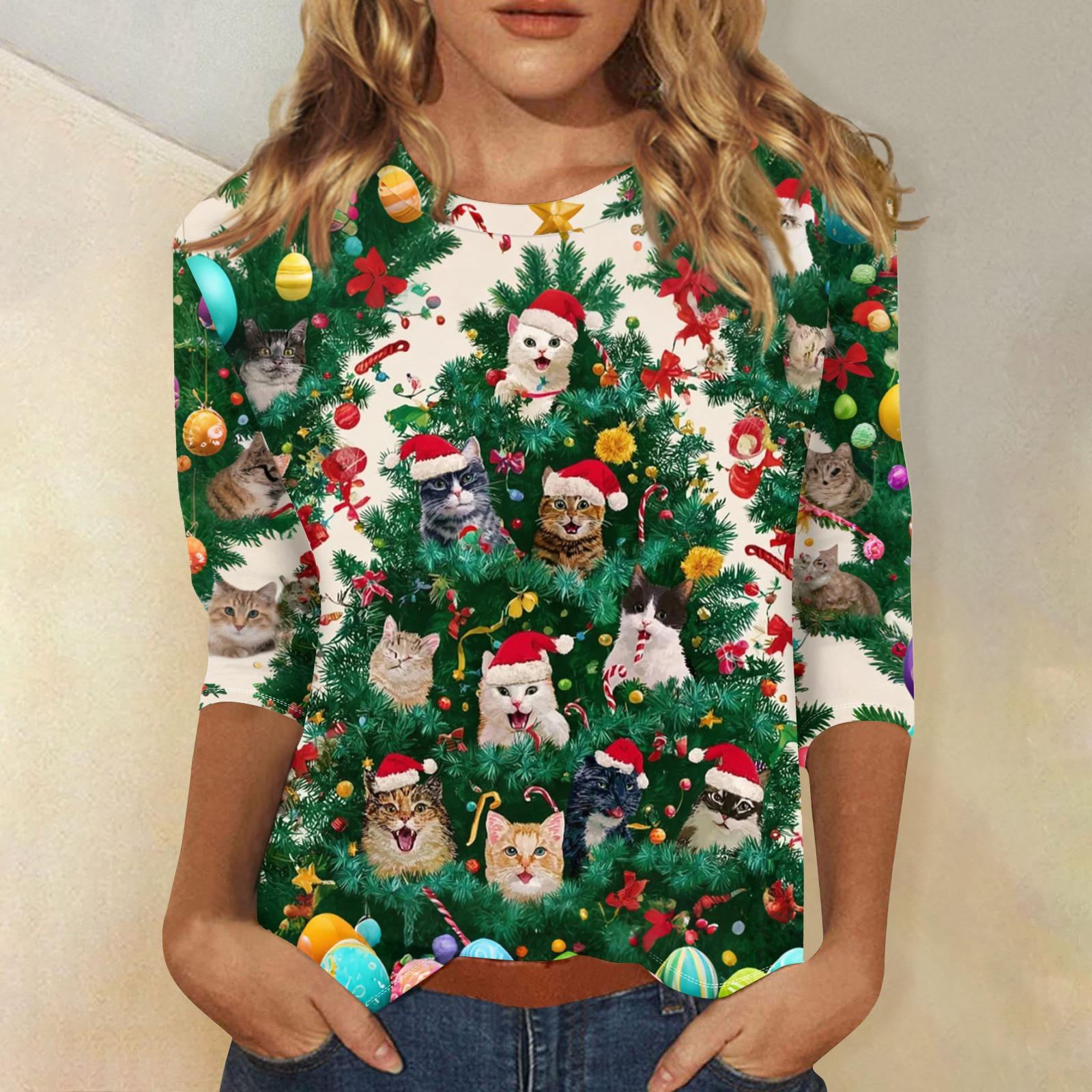 

Women s Fashionable And Casual Three-quarter Sleeve Christmas Printed Round-neck Top L
