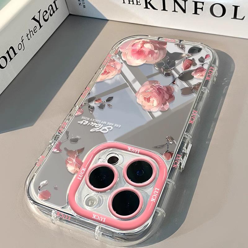 Pink Rose for IPhone17 Mirror Phone Case for Apple 15promax Small Fresh 14 Flower 13