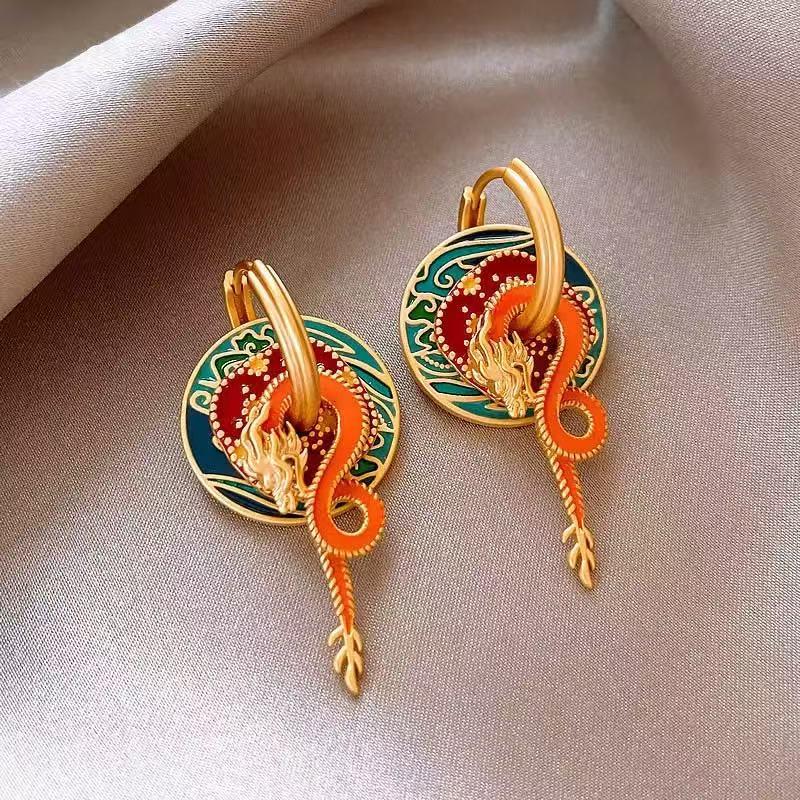 Chinese Dragon Pattern Enamel Dangle Earrings: Retro Palace Style, Multi-wearable Drip Glaze Earrings for Women
