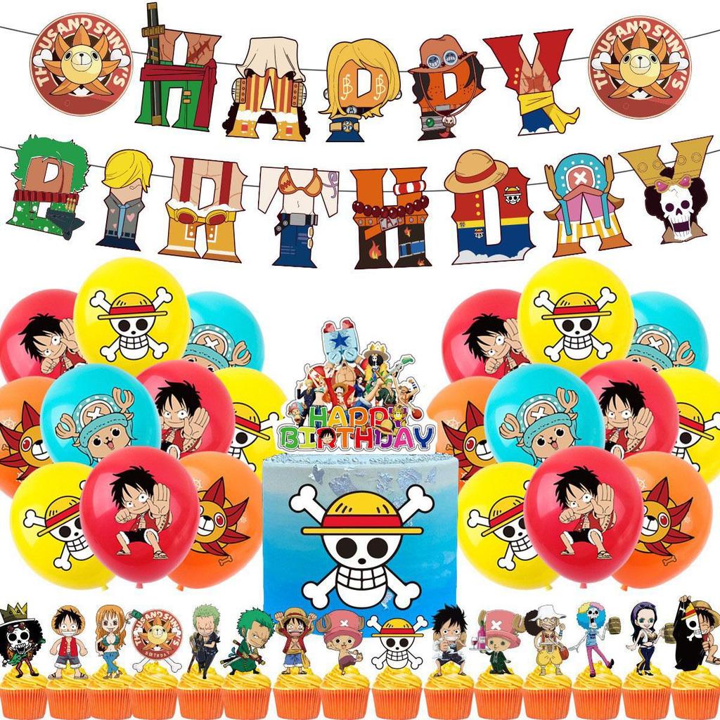 Cartoon ONE PIECE Luffy Theme Party Supplies Balloons Flags Cake Decorations Household Goods
