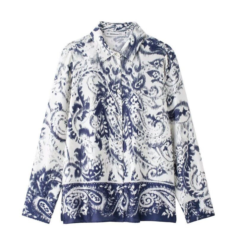 Fashion Style 2024 Autumn New Women's Clothing Slit Design Print Long Sleeves Lapel Shirt Pants 8955174