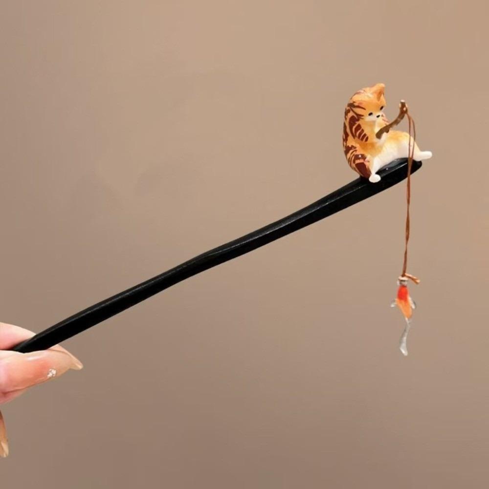 Black Sandalwood Wooden Hair Stick Tassel Hanfu Hairpin Classical Cat Fishing Hair Stick Women оранжевый