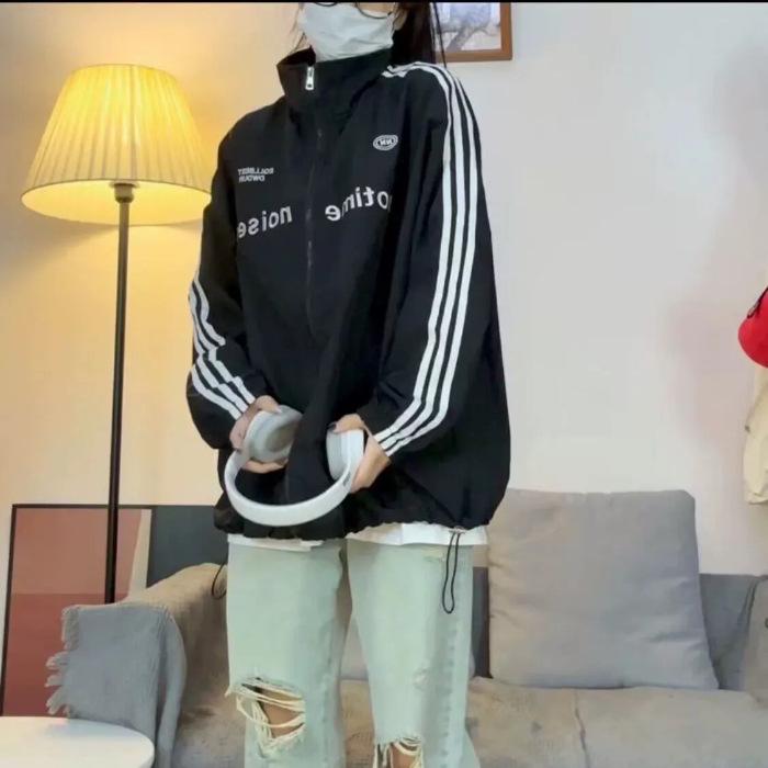 Men s and Women s Spring Casual Windbreaker with Stand-up Collar, Retro Striped Sleeves & Letter Print L чёрный