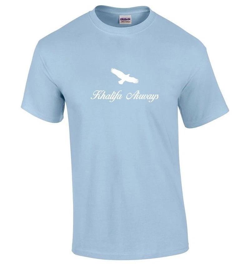 Khalifa Airways White Logo Algerian Aviation Airline Sky Blue Cotton T-Shirt M