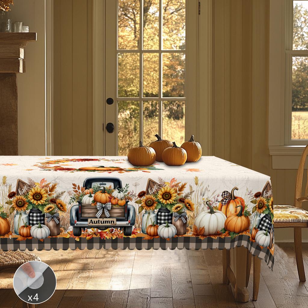 1 Piece Of Thanksgiving Pumpkin Theme Round And Rectangular Tablecloth, Various Sizes, Autum Pumpkin And Fallen Leaf Pattern Printed Plaid Tablecloth,