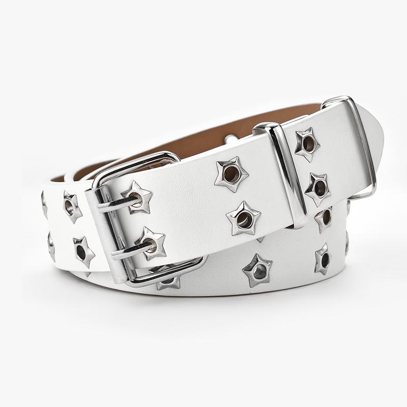 

Korean Punk Style Double Row Star Eyelet Leather Belt for Women Length 110 Width 3.3