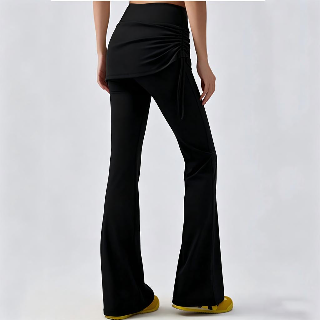Damen High Waist Schlag-Yogahose mit Rock-Überlage Dehnbare Weitbeinige Hose für Freizeit-Fitnessaktivitäten