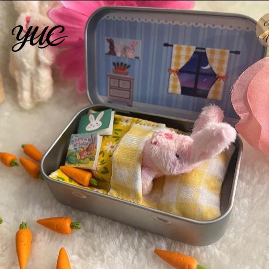Small Animal Figurine with Tin Box Little Pocket Bunny Plush Toy in Box, Mini Stuffed Rabbit Cute Desktop Ornament for Kids Accessories, Portable
