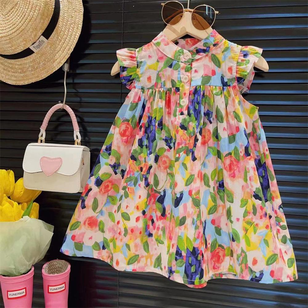 Girls Summer Oil Painting Floral Dress Cute Flutter Sleeve Princess Vest Dress Fresh And Stylish Children Party Sundress
