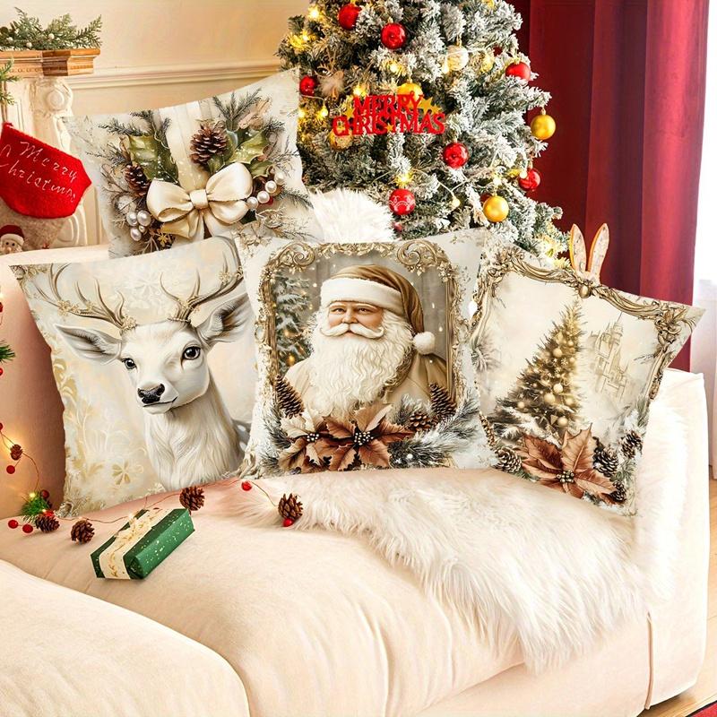 4pcs Vintage Christmas Santa Deer Tree Bow Throw Pillow Covers Golden Holiday Decorative Pillowcases for Sofa Couch Home Decor