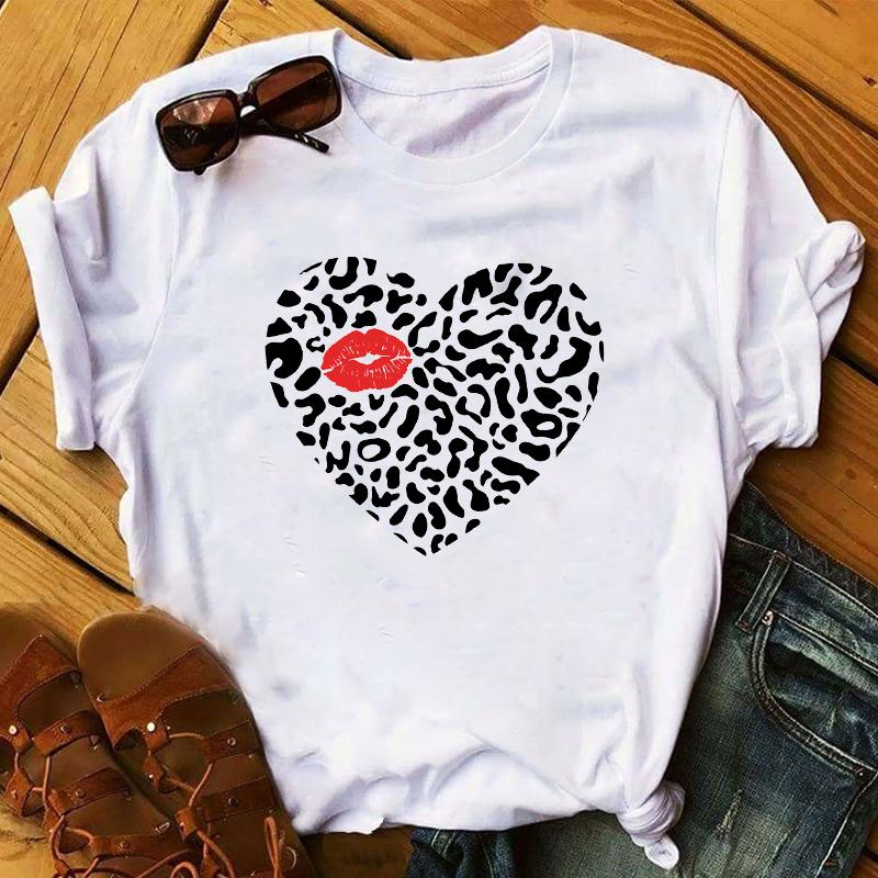 Summer 2025 Fashion Leopard Flower Sweet Love You Lady Ladies Womens Tee T-Shirt Graphic Female Valentine's Day Top T Shirt Gift