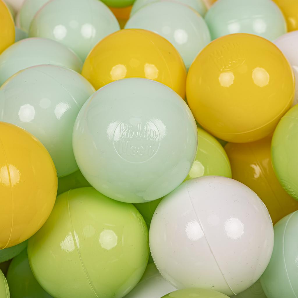 KiddyMoon 100 Balls/7cm-2.75in Soft Plastic Play Balls for Children Certified Made In Eu, White/mint/light Green/yellow
