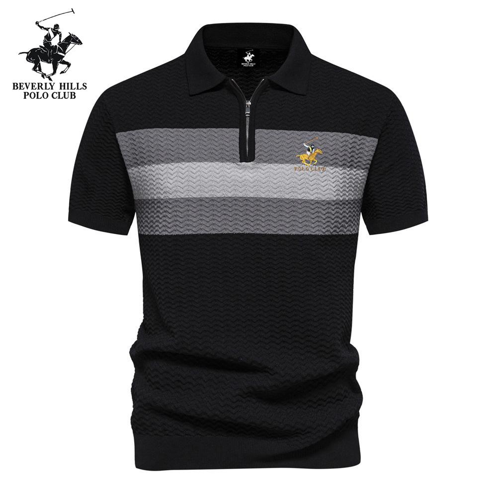 

POLO CLUB Summer New Pony Embroidered Men s High-end Striped Business Short Sleeved Thin and Versatile Lapel Half Zipper Short Sleeved Shirt XXL