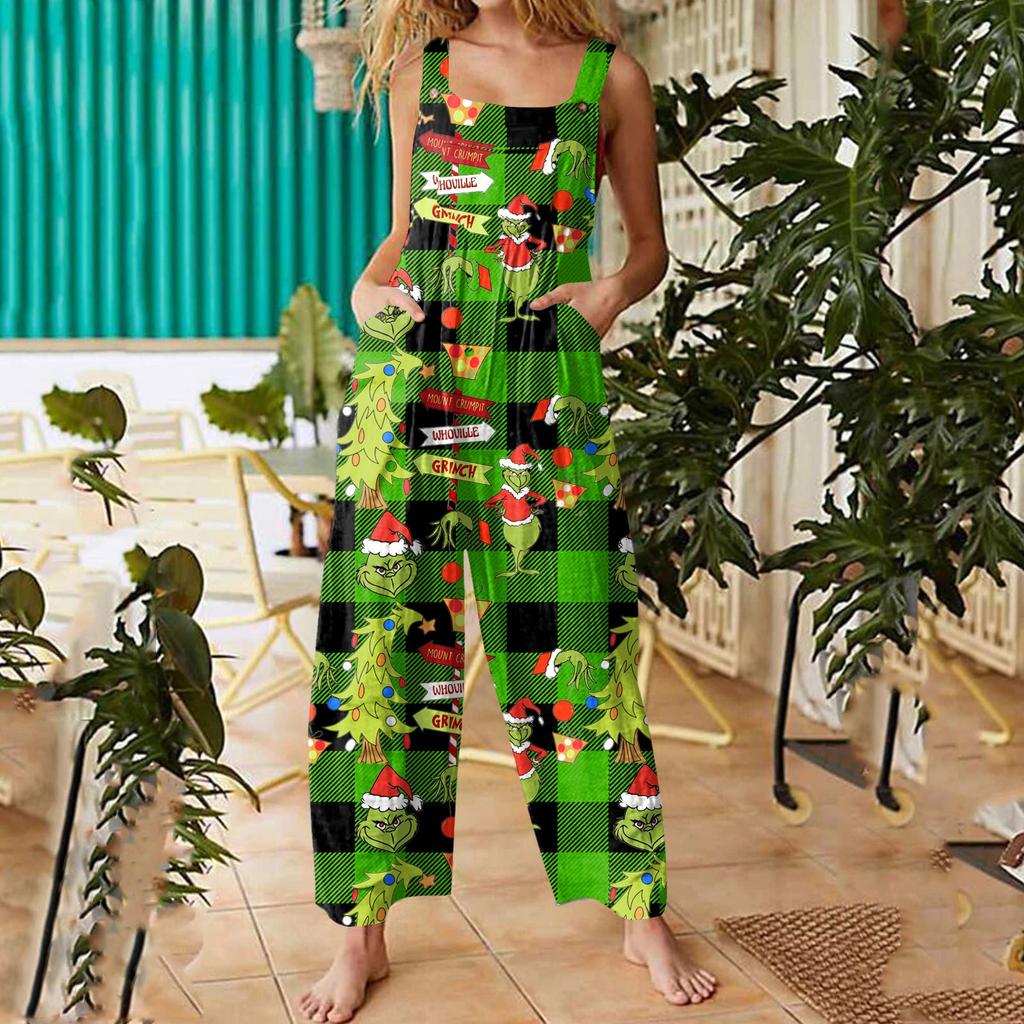 Damen Lässige Overalls Jumpsuits Verstellbare Träger Ärmellos Weihnachtsprint Bequeme Einteiler Mit Tasche