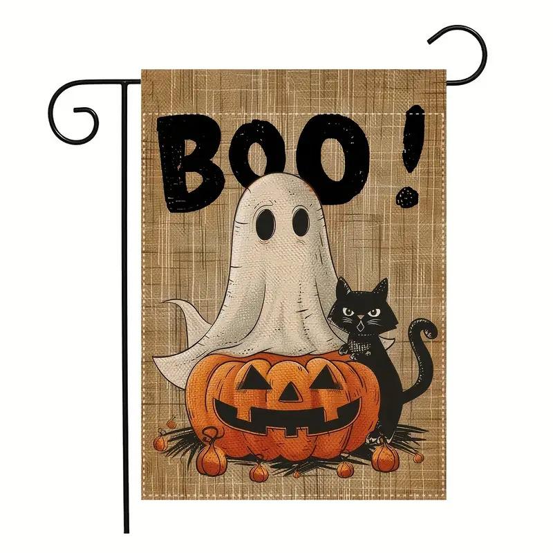 1pc Orenge Halloween Garden Flag Cute Ghost Cat Boo Print Suitable for Halloween Yard Outside Decoration No Flag Pole 12X18 Inch