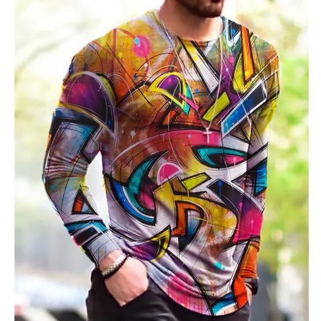 3D Printed Hip Hop Rock T-Shirts for Men Colorful Pattern T-shirts Spring Autumn Casual Long Sleeve Round Neck Loose Tops