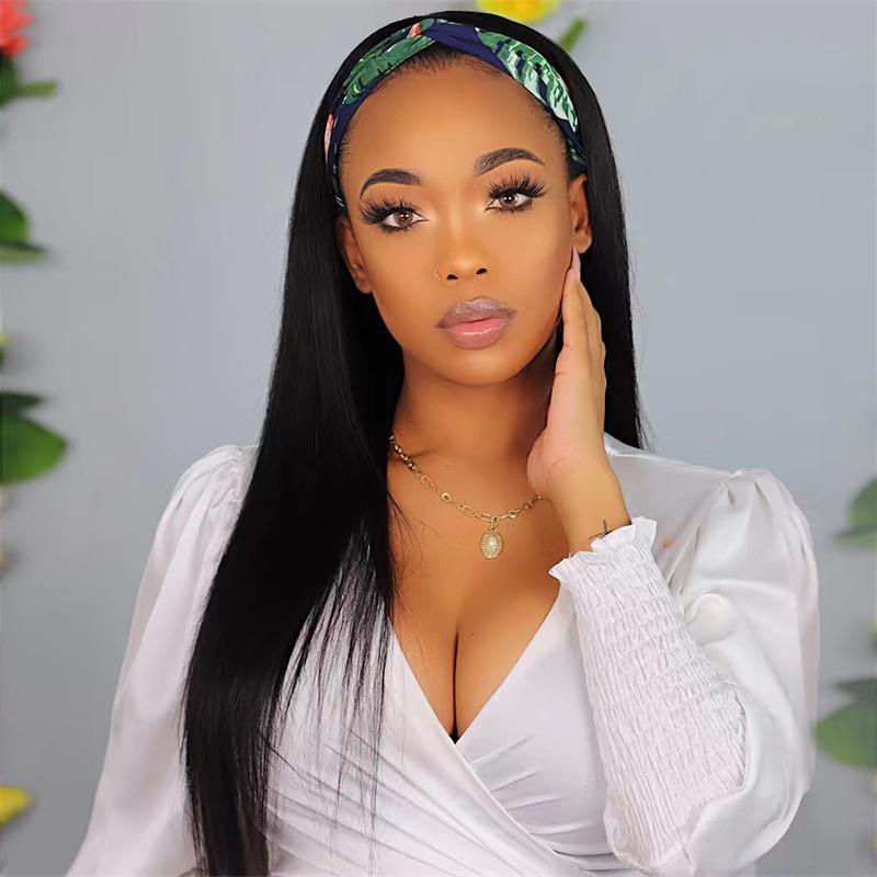 Synthetic Women's Headband Wig Black Long Straight Hair Natural Soft Daily Scarf Wigs for Women Heat Resistant Fiber