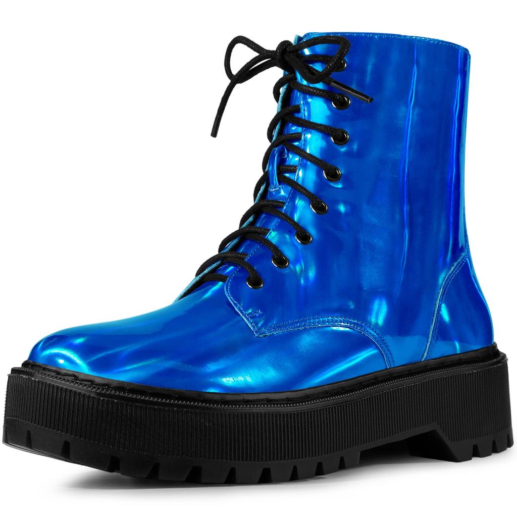Allegra K Women's Combat Ankle Boots, Round Toe, Platform, Colorful, Blue, Size 24.5cm