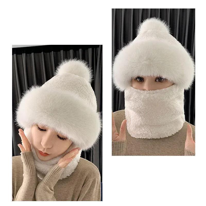 Winter Warm Hat Beanies Scarf Warm Breathable Rabbit Hair Blend Knitted Hat Scarf for Women Protection Caps Windproof Hats
