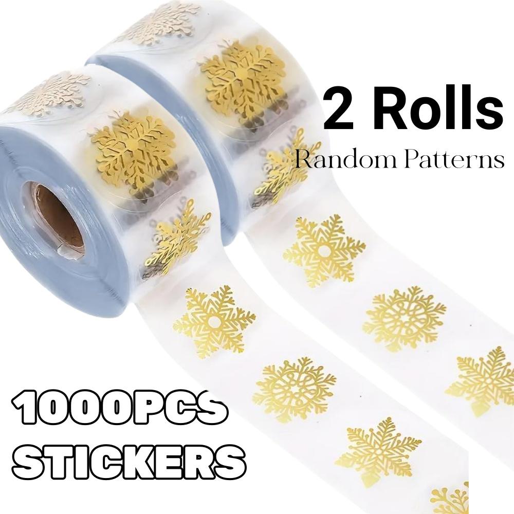 500/1000pcs Golden Snowflake Stickers Shiny Transparent PVC Round Decor Sticker Roll for Christmas Gift Wrapping Festive Essenti
