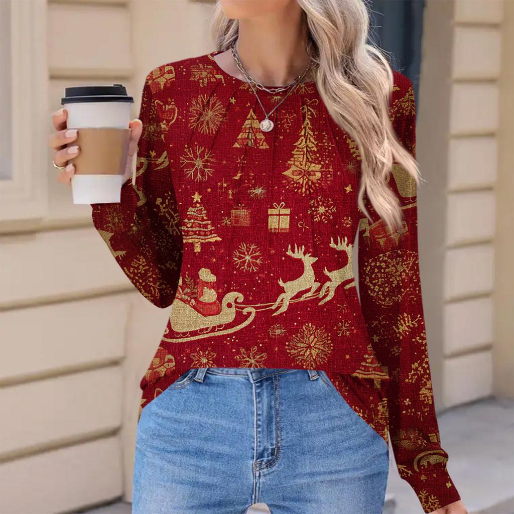 Women's Fashionable Casual Christmas Printed Pleated Comfortable Round Neck Loose Long Sleeve T-Shirt Top