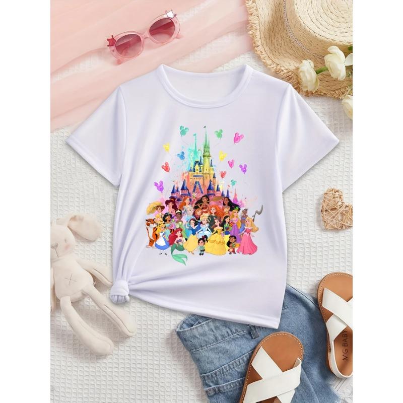 Disney Cute Rainbow Castle Cartoon Princess Kids T-Shirt, Round Neck Casual Summer Children s Clothing 110