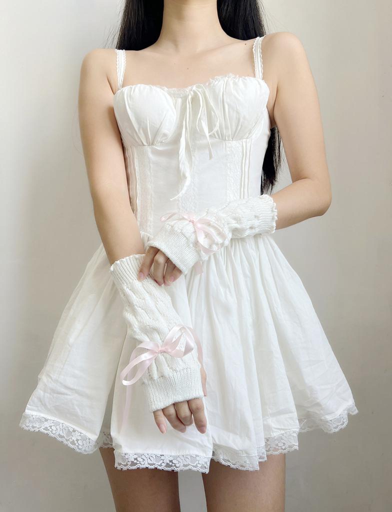 Sweet Cute Bow Knitted Arm Warm False Sleeves Cover Long Elastic Fingerless Gloves Hand Protector Lolita Cosplay Accessories