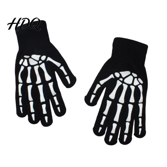 Funny Scary Party Costume Props Halloween Glow‑In‑The‑Dark Skeleton Knit Gloves Luminous Skull Bone Print Atmospheric Photo Full‑Finger