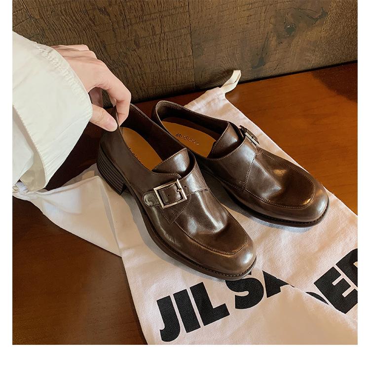 

Туфли из коровьей кожи, кожаные, с квадратным круглым носком, с пряжкой и толстым каблуком, оксфорды, женские туфли на толстой подошве из маленькой кожи 34