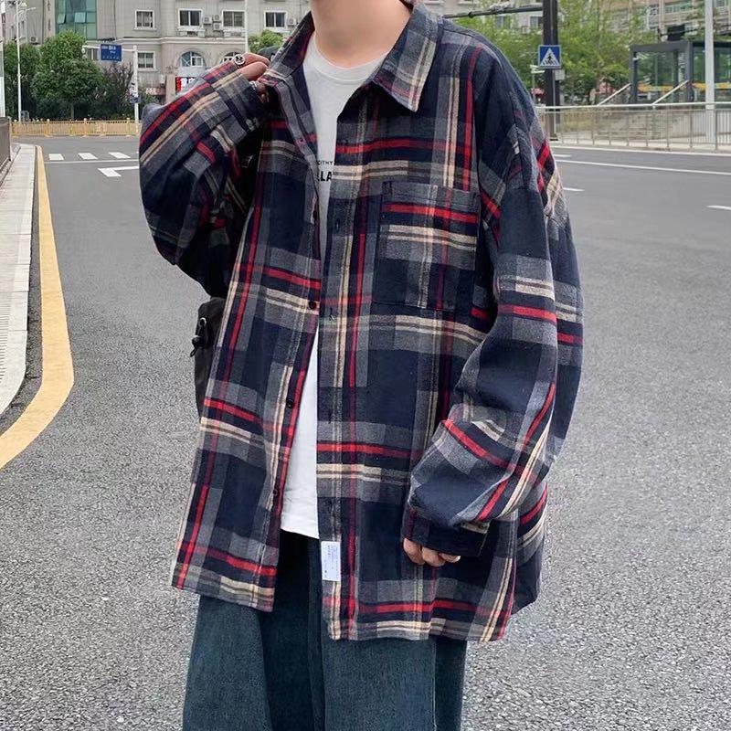 Korean Student Loose-Fit Trendy Plaid Shirt: Unisex Hong Kong Style Long Sleeve Jacket