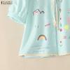 ZANZEA Women Lace Splice Turn Down Collar Casual Short Sleeve Print Blouse