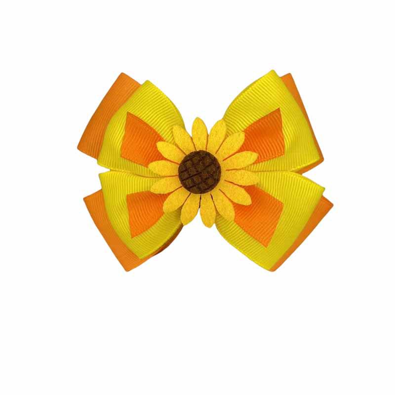 Green & Yellow Sunflower Bow Hair Clip - Double Layer Ribbed Party Headwear