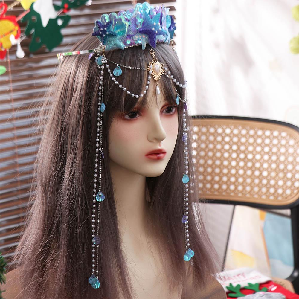 Fascia Principessa Sirena con Nappe Gioielli di Perle Corona con Nappe Collana per Fronte Cerchietto per Capelli Cosplay