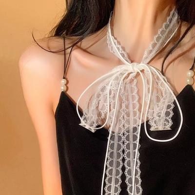 Flower Pattern Ribbon Choker Necklace Thin Mesh Clavicle Chain Fashion Lace Clavicle Scarf  Y2K