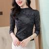 High-necked new fashion T-shirt mesh long-sleeved printed top, foreign style and thin slim-fitting elastic shirt as a base