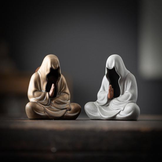Sedící soška Buddhy Čajový mazlíček Keramická beztvářá zenová figurka Ručně vyráběná čajová souprava Kung Fu Dekor Feng Shui pro domov, kancelář, meditační stůl, ozdoba