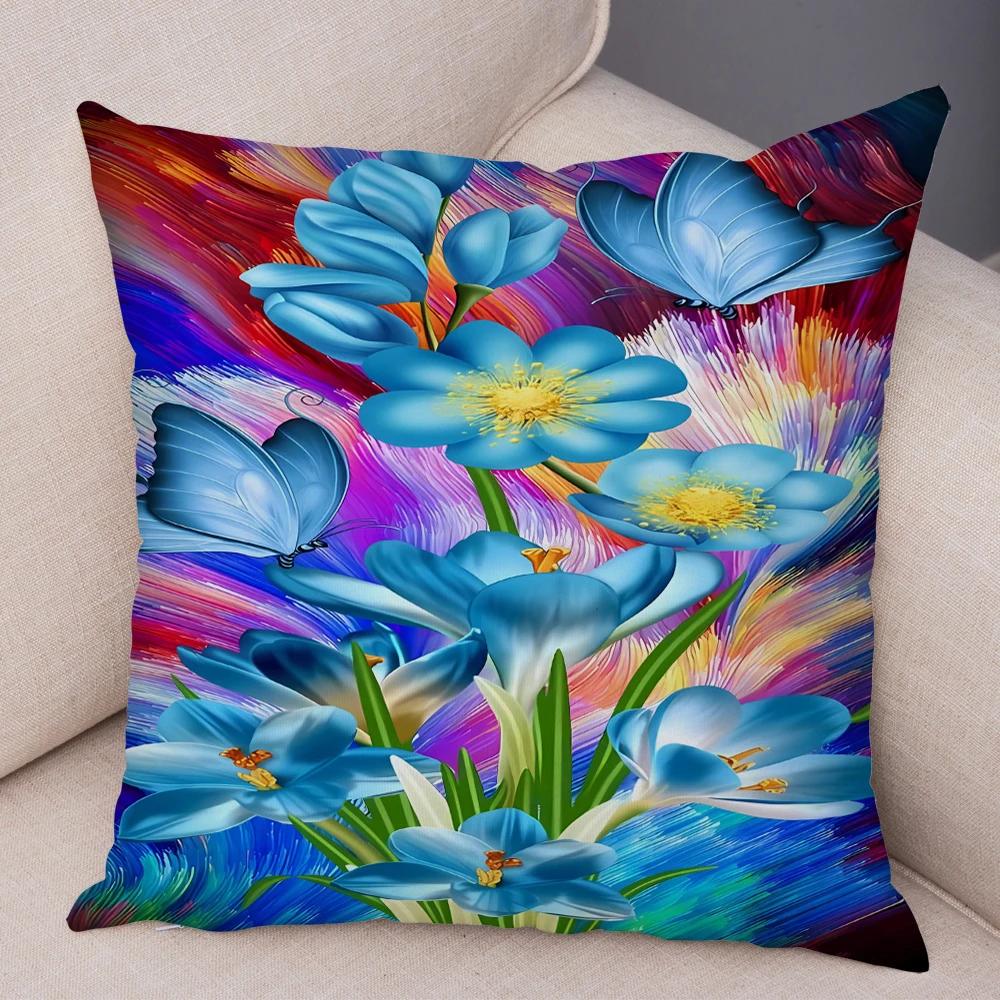 Tecknad Blomma Fjäril Djur Kuddfodral Dekor Blomma Kuddfodral för Soffa Hem Bil Fantasi Skog Mjuk Plysch Kuddfodral