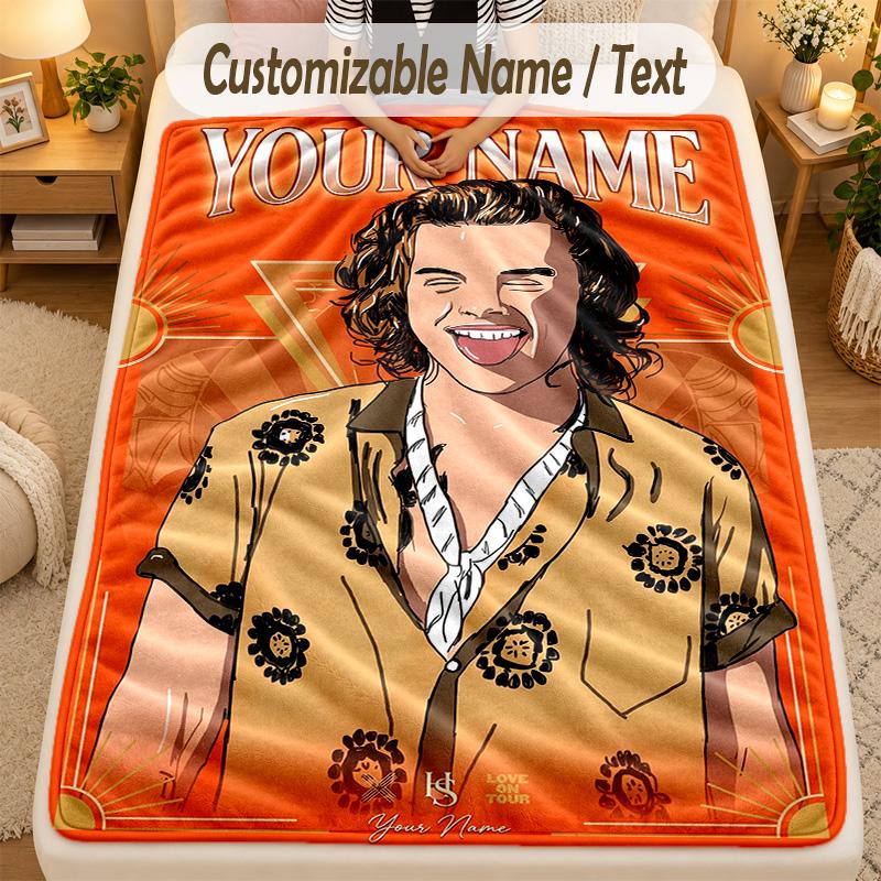 Flannel BlanketHarry Styles Custom Name Text Personalized Soft Warm Throw Blanket Home Decor Gift