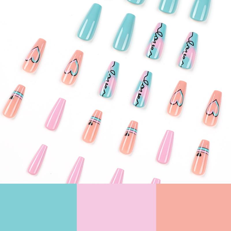 Wear nail long blue powder gradual change smudging love wear nail art finished nail piece press on nails