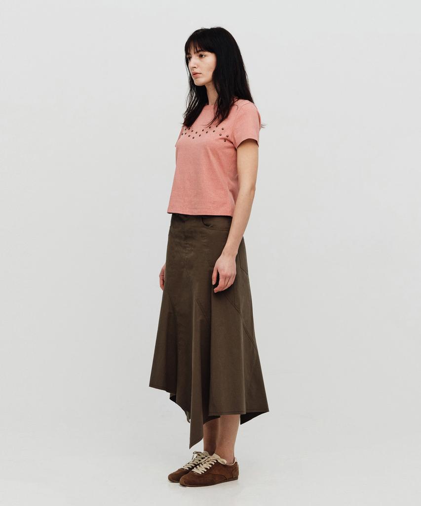 Sillot Asymmetric Low Cut Cotton Long Skirt (Khaki)